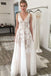 A-Line V-Neck Backless Sweep Train Ivory Wedding Dresses with Appliques INR20