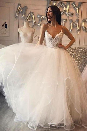 Ivory A-Line Spaghetti Straps Tulle Cheap Wedding Dress with Lace INF90