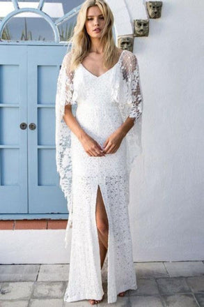 Sheath V-Neck Backless Wraps Lace Beach Wedding Dresses with Split INR34