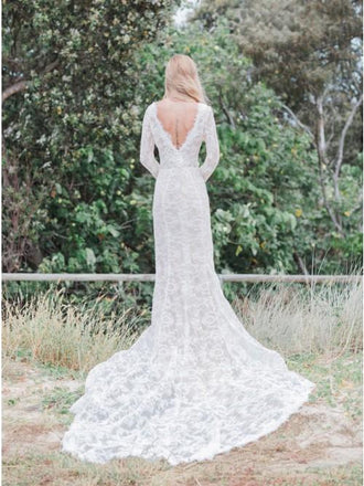Mermaid V-Neck Backless Long Sleeves Lace Elegant Wedding Dresses INR35
