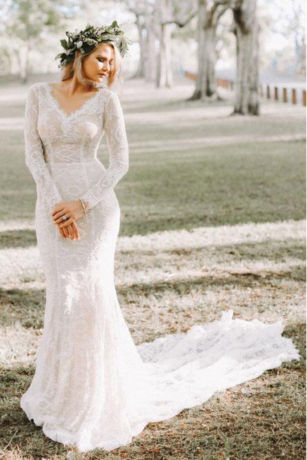 Mermaid V-Neck Backless Long Sleeves Lace Elegant Wedding Dresses INR35