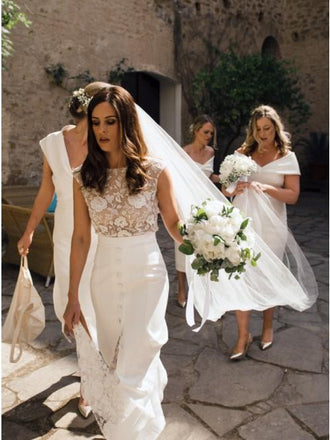 Sheath Bateau Cap Sleeves Sweep Train Lace Wedding Dresses with Split INR36