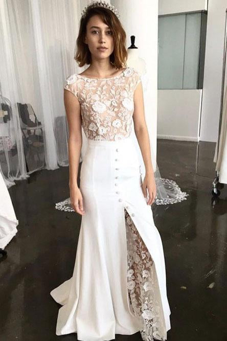 Sheath Bateau Cap Sleeves Sweep Train Lace Wedding Dresses with Split INR36