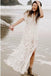 A-Line V-Neck Short Sleeves Bohemian Lace Beach Wedding Dresses with Split INR37