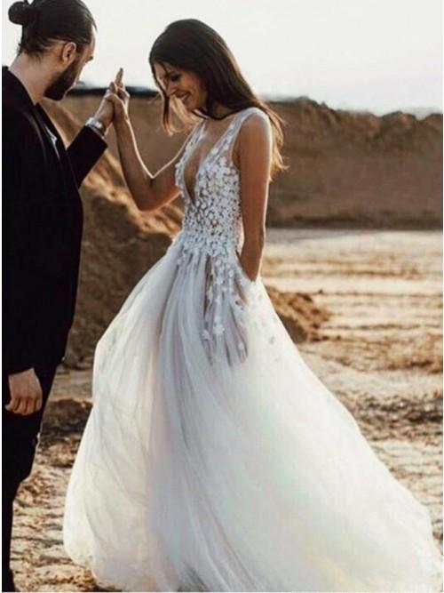 Sexy A-Line Deep V-Neck Sweep Train Wedding Dresses with Appliques Split INR39
