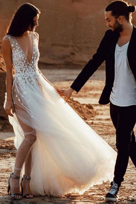 Sexy A-Line Deep V-Neck Sweep Train Wedding Dresses with Appliques Split INR39