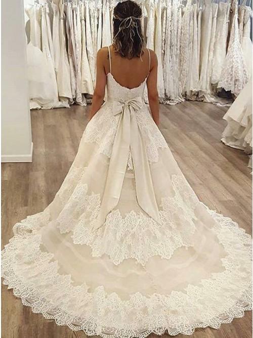 A-Line Spaghetti Straps Ivory Sweep Train Wedding Dresses with Lace Bowknot INR13
