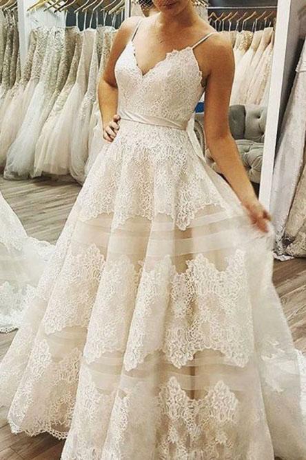 A-Line Spaghetti Straps Ivory Sweep Train Wedding Dresses with Lace Bowknot INR13