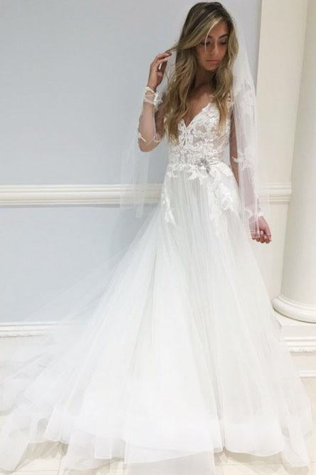 A-Line V-Neck Long Sleeves Sweep Train Elegant Wedding Dresses with Lace Appliques INR15