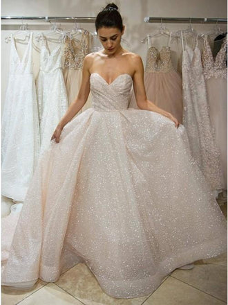 A-Line Sweetheart Ivory Lace Sparklely Wedding Dresses with Sequins INR16