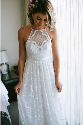 Charming A-Line Halter Backless Sweep Train White Lace Wedding Dresses INR40