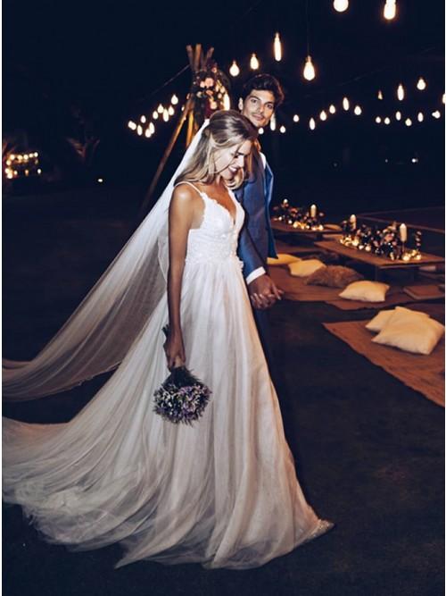 A-Line Spaghetti Straps Backless Sweep Train Boho Wedding Dresses with Appliques INR41