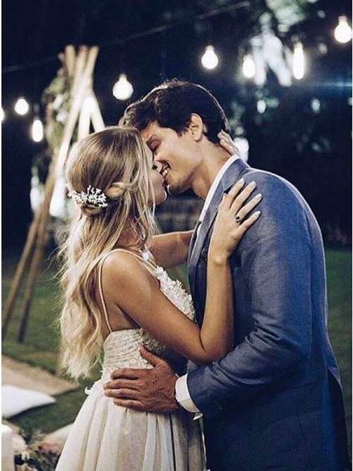 A-Line Spaghetti Straps Backless Sweep Train Boho Wedding Dresses with Appliques INR41
