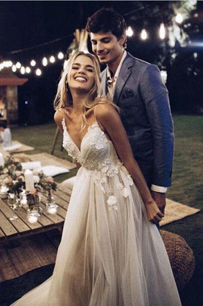 A-Line Spaghetti Straps Backless Sweep Train Boho Wedding Dresses with Appliques INR41