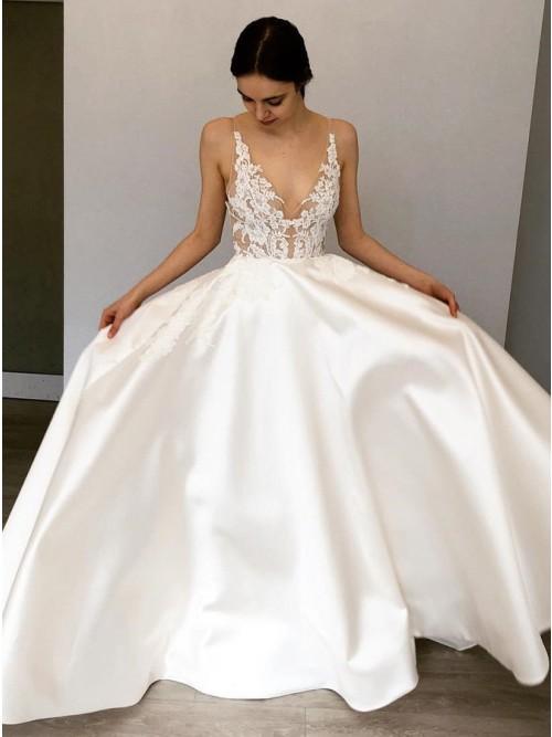 A-Line Deep V-Neck Floor-Length Satin Wedding Dresses with Lace Appliques INR42