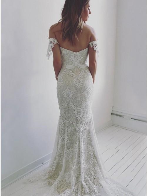 Mermaid Off-the-Shoulder Backless Sweep Train Ivory Lace Wedding Dresses INR33