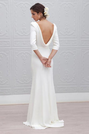 Simple Sheath Bateau Backless 3/4 Sleeves Sweep Train Beach Wedding Dresses INS35
