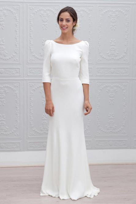 Simple Sheath Bateau Backless 3/4 Sleeves Sweep Train Beach Wedding Dresses INS35