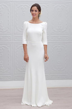 Simple Sheath Bateau Backless 3/4 Sleeves Sweep Train Beach Wedding Dresses INS35