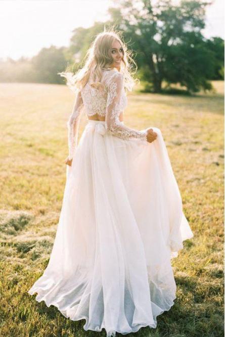 Two Piece Long Sleeves Chiffon Beach Wedding Dresses With Lace INR75