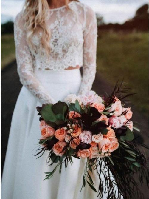 Two Piece Long Sleeves Chiffon Beach Wedding Dresses With Lace INR75
