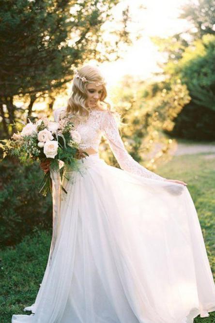 Two Piece Long Sleeves Chiffon Beach Wedding Dresses With Lace INR75