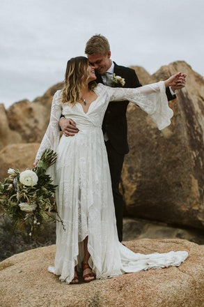 A-Line V-Neck Bell Sleeves Sweep Train Lace Wedding Dress with Split INM23