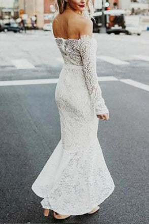 Mermaid Off-the-Shoulder Long Sleeves High Low Lace Beach Wedding Dresses INR81