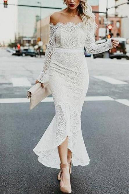 Mermaid Off-the-Shoulder Long Sleeves High Low Lace Beach Wedding Dresses INR81