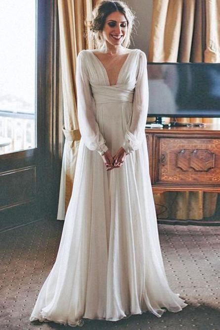 A-Line V-Neck Long Sleeves Floor Length Chiffon Beach Wedding Dresses INR79
