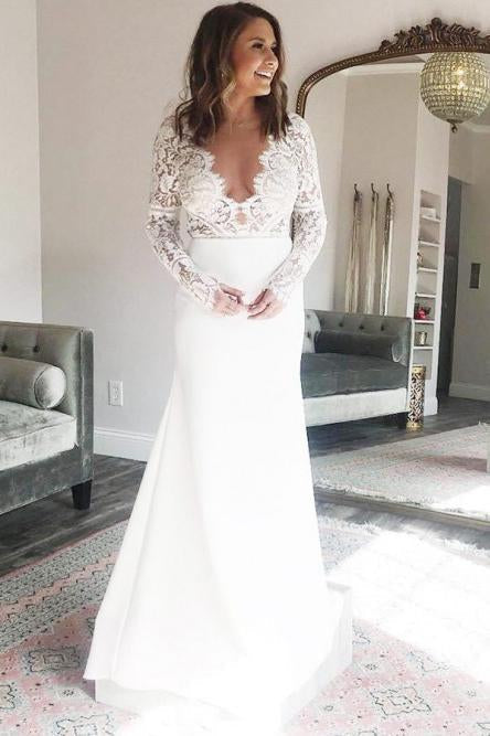 Sheath V-Neck Long Sleeves Deep V Neck Wedding Dresses with Lace Top INR76