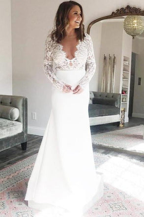 Sheath V-Neck Long Sleeves Deep V Neck Wedding Dresses with Lace Top INR76