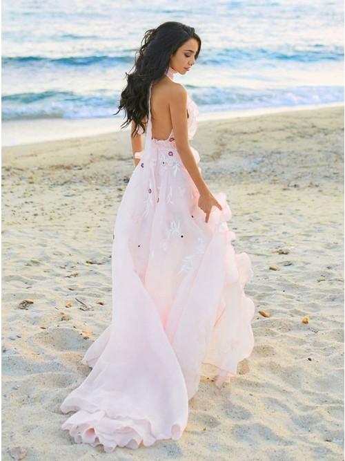A-Line Halter Backless Light Pink Chiffon Beach Wedding Dresses with Appliques Ruffles INR83