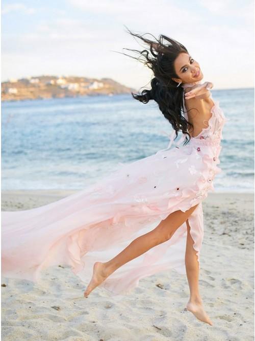 A-Line Halter Backless Light Pink Chiffon Beach Wedding Dresses with Appliques Ruffles INR83