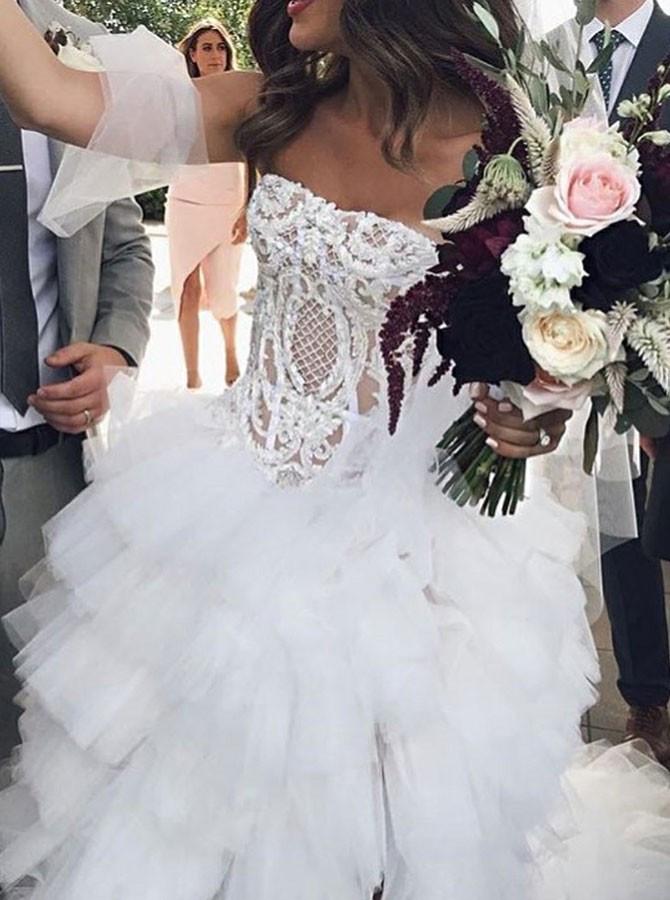 A-Line Strapless Asymmetric Ruffles Wedding Dress with Appliques INF87