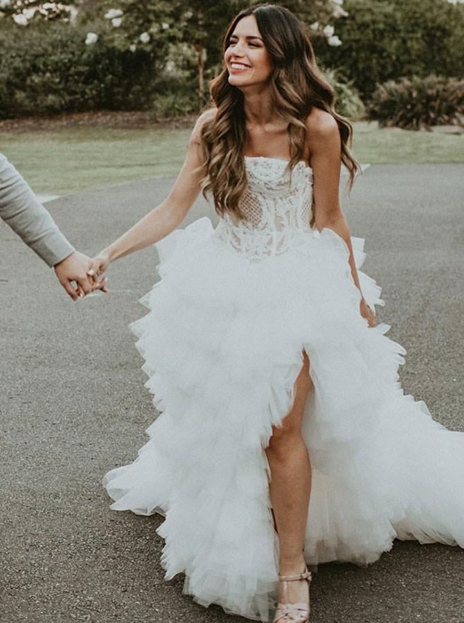 A-Line Strapless Asymmetric Ruffles Wedding Dress with Appliques INF87