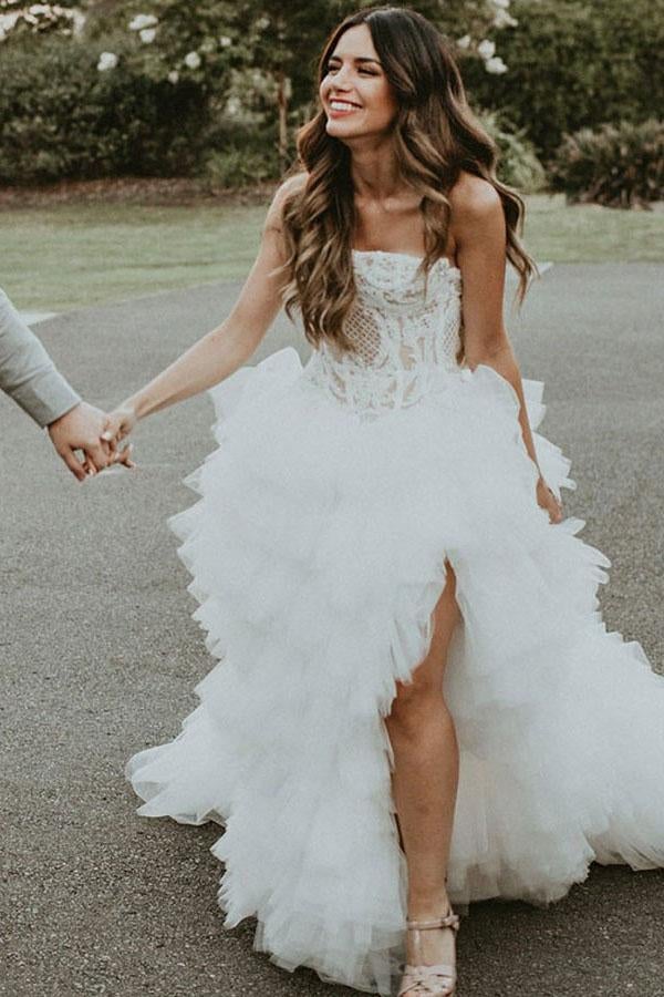 A-Line Strapless Asymmetric Ruffles Wedding Dress with Appliques INF87