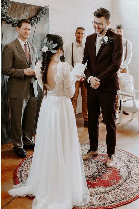 A-Line Round Neck Long Sleeves Backless Boho Wedding Dresses with Lace INS31