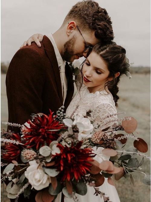 A-Line Round Neck Long Sleeves Backless Boho Wedding Dresses with Lace INS31