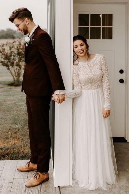A-Line Round Neck Long Sleeves Backless Boho Wedding Dresses with Lace INS31