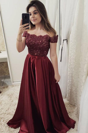 Burgundy Off Shoulder A Line Prom Dress, Lace Top Cheap Evening Gown INJ68