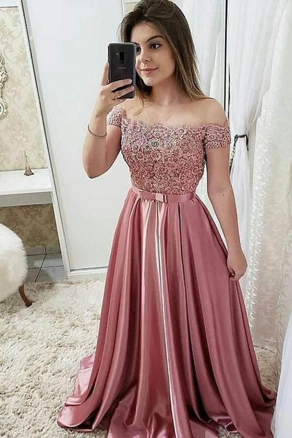 Burgundy Off Shoulder A Line Prom Dress, Lace Top Cheap Evening Gown INJ68