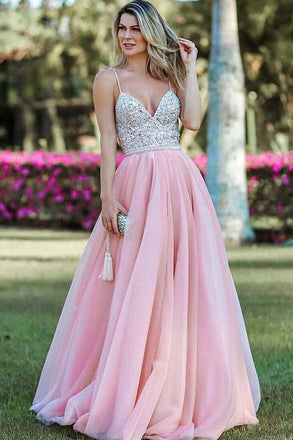 Pink A Line Spaghetti Strap Prom Dresses, Backless Beaded Evening Dress INJ59
