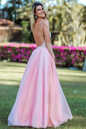 Pink A Line Spaghetti Strap Prom Dresses, Backless Beaded Evening Dress INJ59