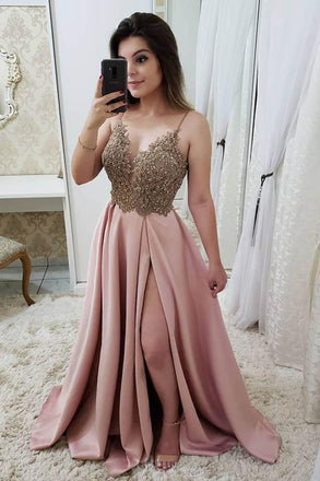 Spaghetti Straps A Line Split Prom Dress, Pink Beaded Evening Dresses INJ47