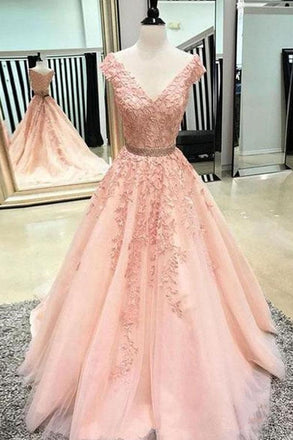 A Line V Neck Blush Pink Prom Dresses, Appliques Evening Dress INJ41