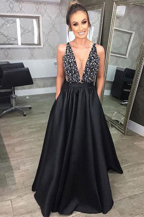 Black Deep V Neck Beading Prom Dress, A Line Evening Dresses With Pockets INJ46