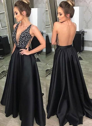 Black Deep V Neck Beading Prom Dress, A Line Evening Dresses With Pockets INJ46