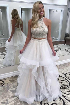 Two Piece Off White High Neck Prom Dress, Cheap A Line Evening Dresses INJ45
