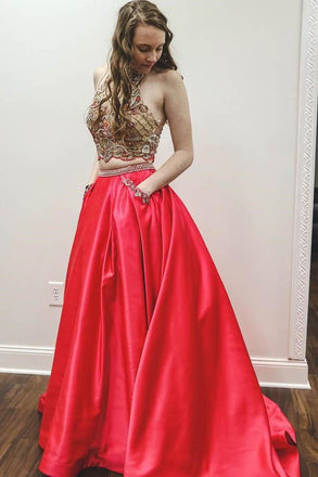 Two Pieces A Line Red Prom Dresses With Pockets, Halter Beaded Evening Dress INJ60